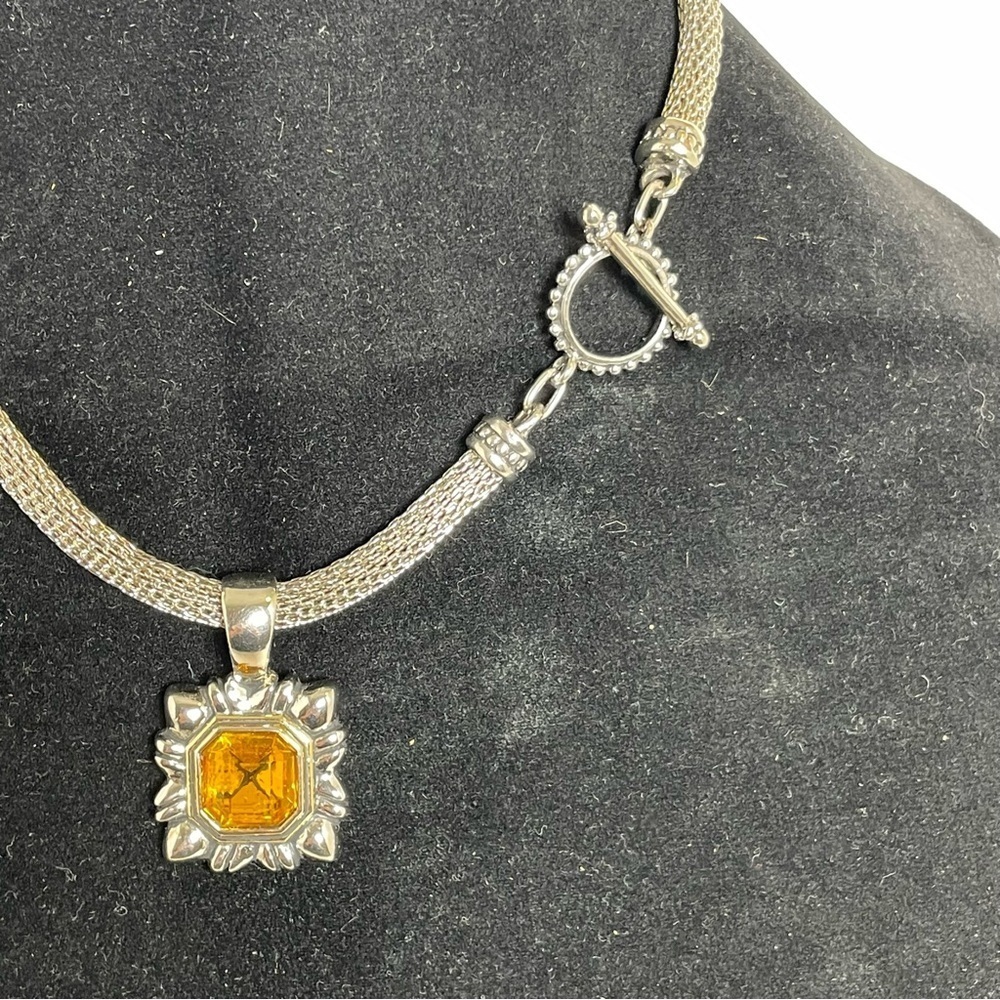 Silver Tone Mesh Choker Necklace with Amber and Silver Tone Pendant - Picture 5 of 8